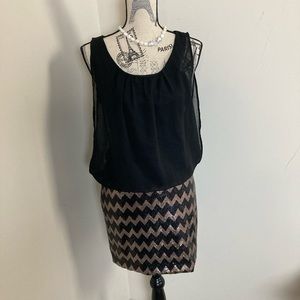 Women’s Black Sleeveless Chiffon Top Chevron Sequined Black & Gold Mini Skirt